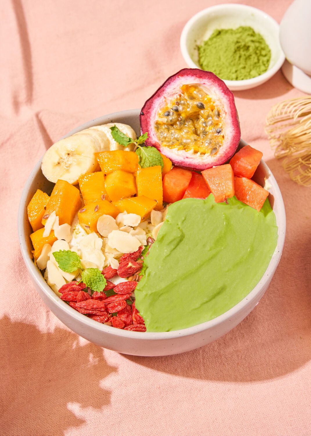 Acai smoothie bowl with dragonfruit and matcha