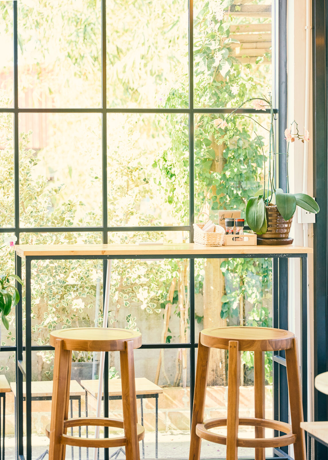 Café window counter with natural light